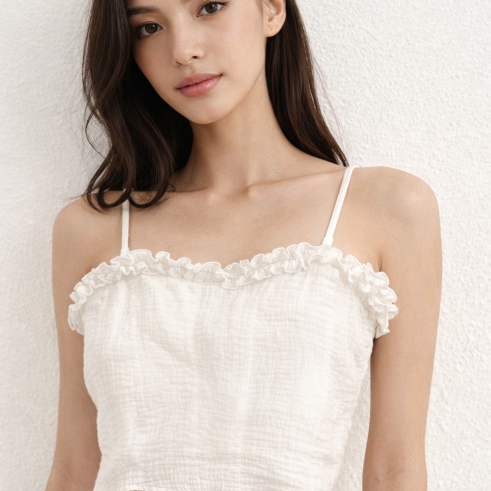 Mable White Ruffle-Trim Cropped Cami Top‎ S